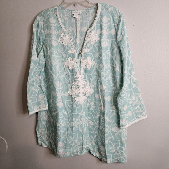 Charter Club Linen Top Womens L Aqua Blue White Floral Tunic Boho Coastal Beachy - Picture 1 of 9